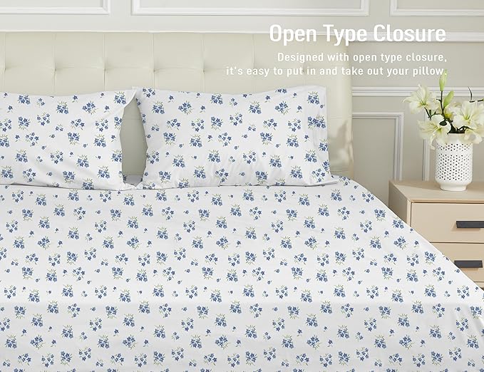 sunflower Queen Pillowcases Set of 2, 100% Cotton Queen Size Pillow Cases 2, 20×30 inches Blue Posy, Soft and Breathable