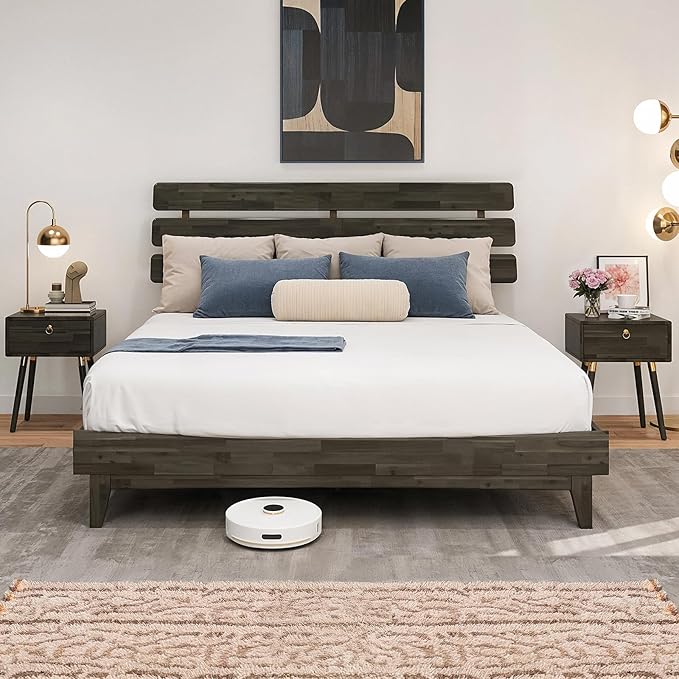 Bme Caden King Size Bed Frame and Adjustable Headboard, 15 Inch Mid Century Retro Style - Solid Acacia Wood - No Box Spring Needed - 12 Strong Wood Slat Support - Easy Assembly - Charcoal Mocha