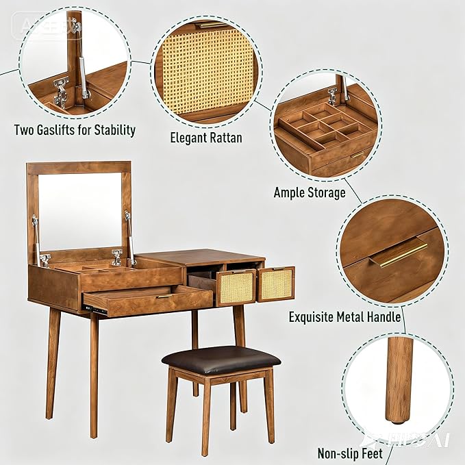 43.3" Makeup Vanity Desk with Flip Top Mirror and Stool, 2-in-1 Rattan Dressing Table Set with 3 Storage Compartments & Dividers, Mid-Century Modern Solid Wood Vanity for Bedroom, Brown