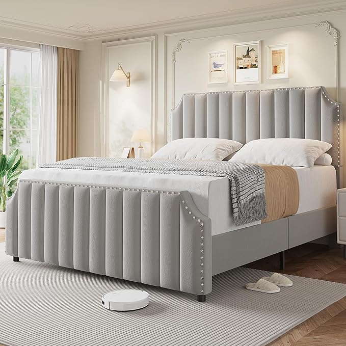GarveeHome Queen Size Velvet Bed Frame, 50.2 in Tall Headboard & Footboard, Upholstered Platform Queen Bed Frame with Nailhead Trim, No Box Spring Needed, Noise Free, Solid Wooden Slats, Grey