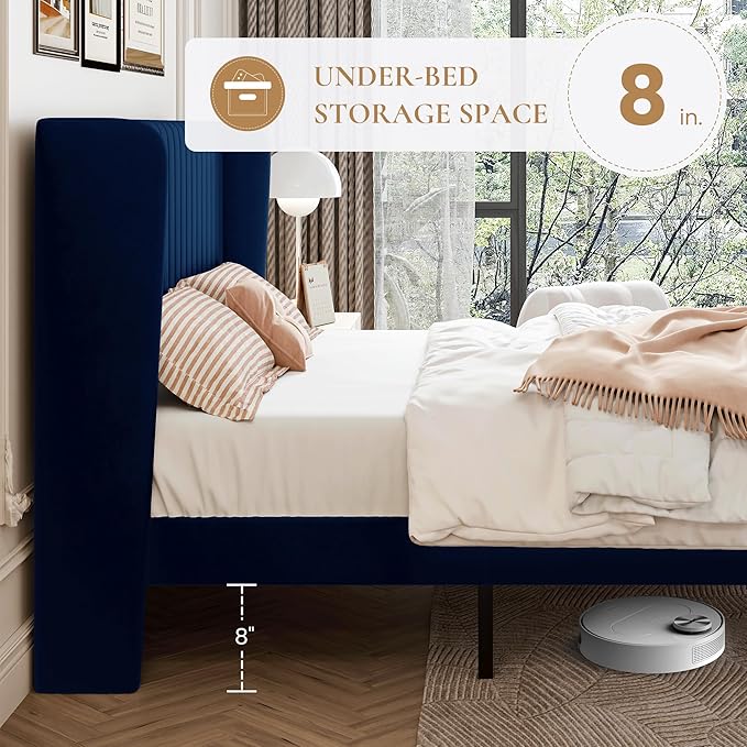 SHA CERLIN King Size Velvet Bed Frame with Vertical Channel Tufted Wingback Headboard, Upholstered Platform Bed with Wood Slats, No Box Spring Needed, Easy Assembly, Blue