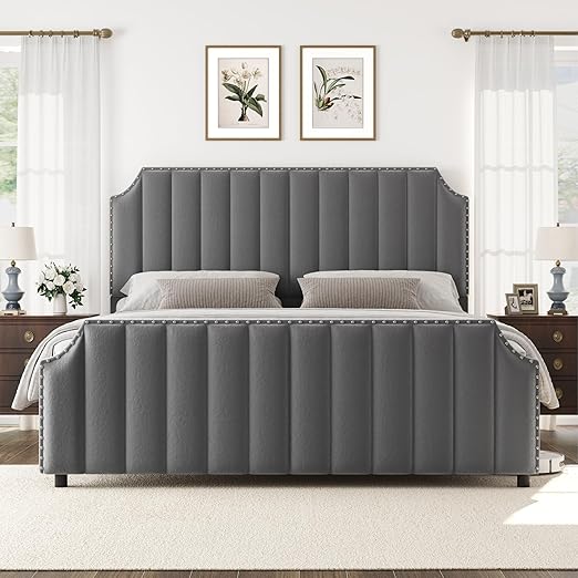 GarveeHome Queen Size Platform Bed Frame with 50.2 in Headboard, Velvet Upholstered Bed Frame with Vertical Channel Tufted Headboard & Footboard, Nailhead Trim, No Box Spring Needed, Grey