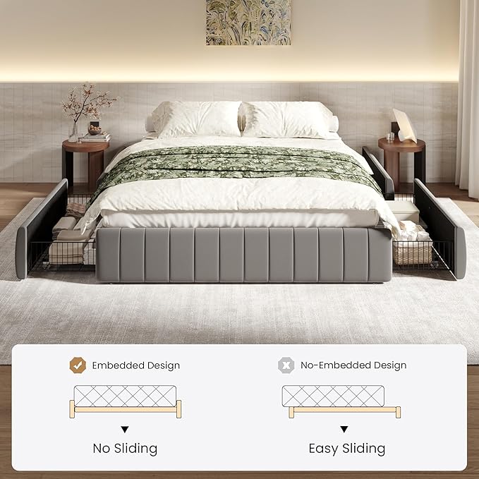 SHA CERLIN Queen Size Velvet Upholstered Platform Bed Frame with 4 Storage Drawers, Vertical Channel Tufted, Low Profile, Fits Standard Headboards, Wooden Slats Support, Easy Assembly, Grey