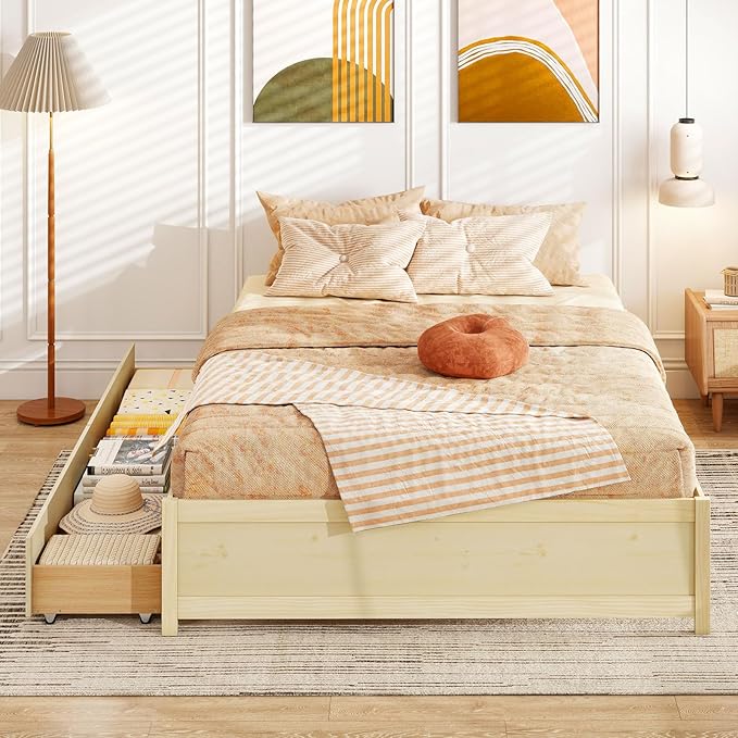 Giantex Queen Size Bed Frame with 2 Storage Drawers, Solid Wood Platform Bed with Slats Support, Heavy Duty Daybed with Storage, No Box Spring Needed, Queen Bed Frames for Teens Adults, Natural