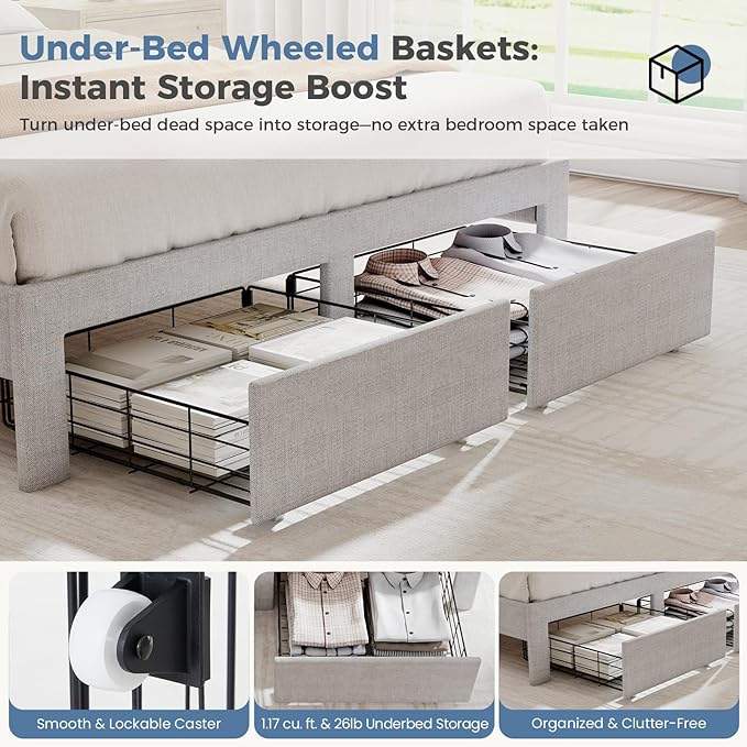 DUMOS King Size Upholstered Platform Bed Frame, King Bed with Storage Drawers and Fabric Headboard, Wooden Slats Support, 1323 lbs Weight Capacity, No Box Spring Needed, Easy Assembly, Beige