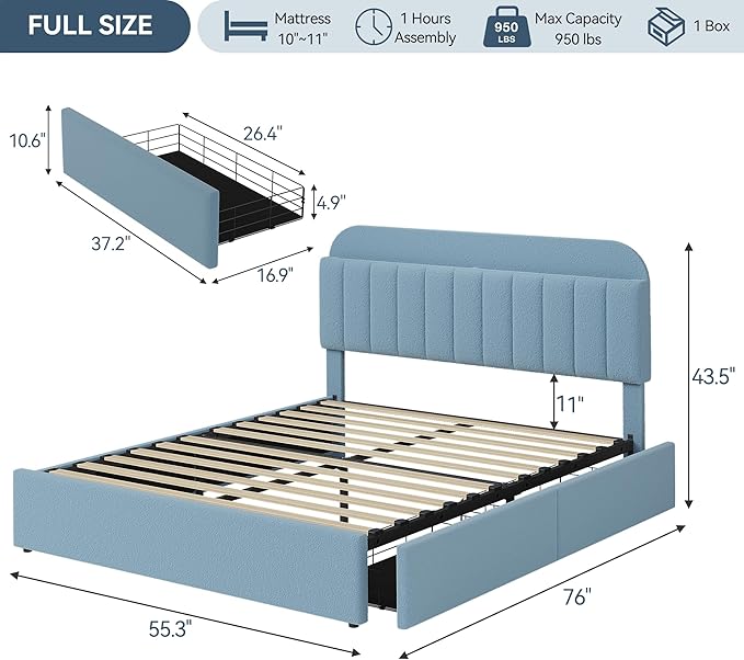 Garvee Full Size Bed Frame with 2 Flexible Drawers, Boucle Upholstered Platform Bed Frame with Bookcase Headboard, Bedframe for Kids/Boys, Easy Assembly, No Box Spring Needed, Noise Free, Blue