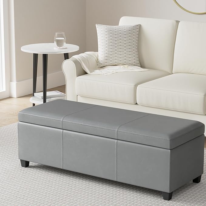 SIMPLIHOME Avalon Storage Ottoman Bench - 48" Wide x 16" High Upholstered Vegan Leather Rectangular Lift-Top Ottoman in Stone Grey, Contemporary Storage Bench for Living Room with High-Density Foam