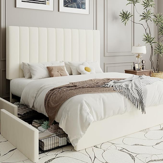 SHA CERLIN Queen Platform Bed Frame with 4 Storage Drawers, Vertical Channel Tufted Adjustable Headboard, Velvet Upholstered, Wooden Slats Support, No Box Spring Needed, Easy Assembly, Cream
