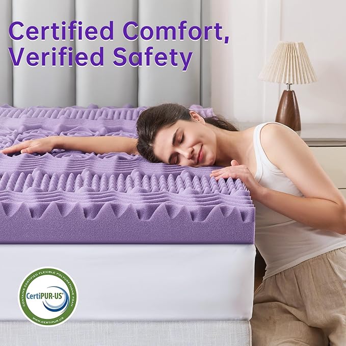MUXHOMO 3 Inch 7-Zone Cal King Mattress Topper, Egg Crate Memory Foam Mattress Topper Cal King for Back Pain, Lavender Cooling Gel Infused Bed Pad, CertiPUR-US and Oeko-TEX Certification (83"×71")