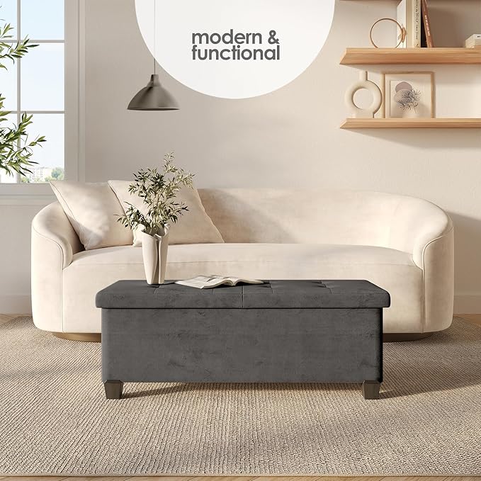 Storage Ottoman Bench with Bins, 43-in Storage Bench for Bedroom End of Bed, Folding Foot Rest Ottoman for Living Room Max 660lbs, Velvet Ottomans, Grey