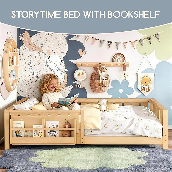 Bellemave Queen Floor Bed Frame with Fence & Bookshelf, Solid Wood Montessori Floor Bed Frame Queen with Slats Load 550LBS, Low Floor Bed for Kids, Bedroom, Nursery, Easy Assembly, Natural