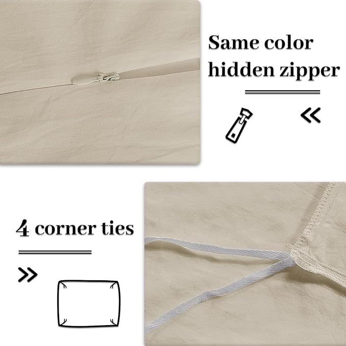 NEXHOME PRO Duvet Cover Set Oversized Queen 98"x98" Linen Feel Textured Cream Grey Organic Natural 100% Washed Cotton Duvet Cover 3 Pieces Bedding Set Zipper Closure, Breathable (No Comforter)