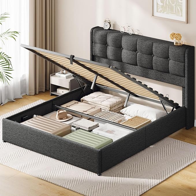 Lift Up Queen Size Bed Frame with Storage, Upholstered Queen Bed Frame with Wingback Headboard, No Box Spring Needed, Easy Assembly - Dark Grey