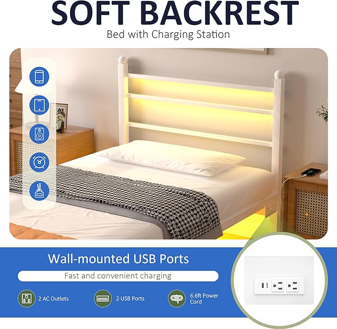 J.Fkne Twin Bed Frame with LED Lights & Charging Station, Metal Platform Bed with Headboard, Heavy Duty Metal Slats, No Box Spring Needed, Noise Free, Easy Assembly, White