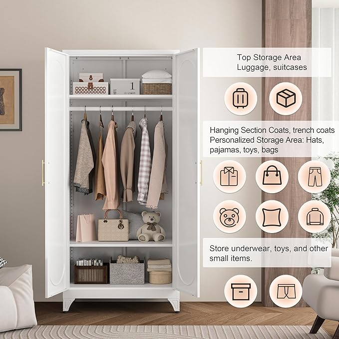 Metal Wardrobe Cabinets,White Armoire Wardrobe Closet with Hanging Rod,Clothes Storage Cabinet with Adjustable Shelves and Doors,Clothing Cabinet for Bedroom, Office, Laundry Room