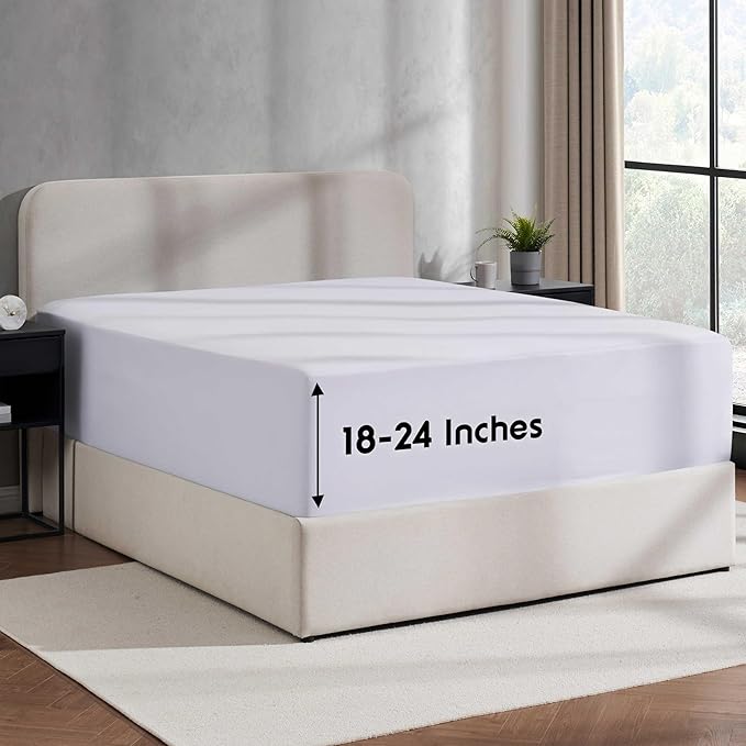 Nestl 4 Pack White Fitted Sheet Extra Deep Pocket, Hotel Luxury QueenFitted Sheet Only Easily Fits 18 to 24 Inch Mattress, Super Soft, Wrinkle-Free and Breathable with Corner Straps
