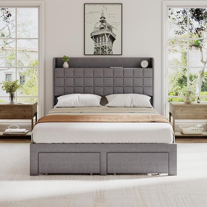 DUMOS Full Size Upholstered Platform Bed Frame, Full Bed with Storage Drawers and Fabric Headboard, Wooden Slats Support, 882 lbs Weight Capacity, No Box Spring Needed, Easy Assembly, Gray