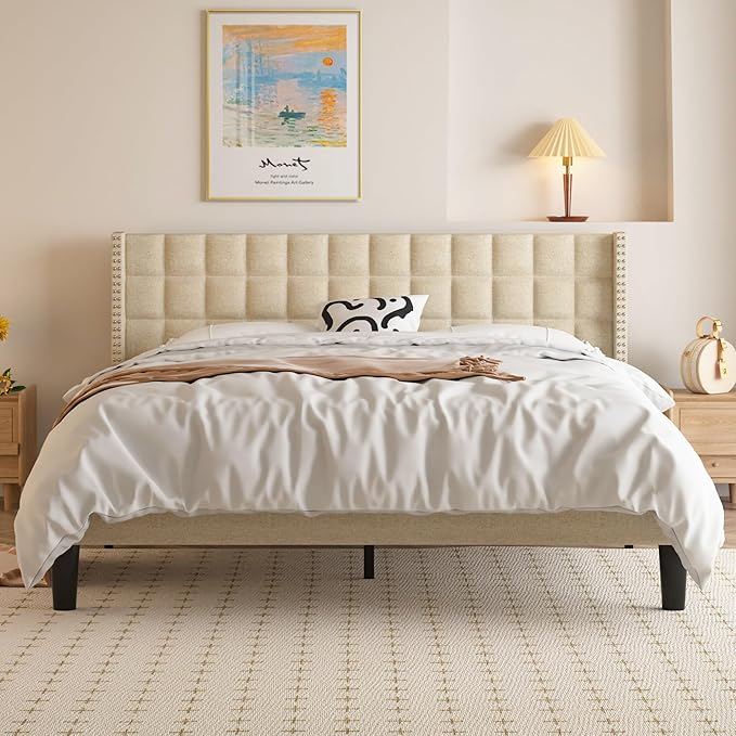 VECELO Headboard Queen Size, Linen Upholstered Headboards Only with Nailhead Trim Wingback, Square Stitched Design, Adjustable Height from 40" to 49.8", Oatmeal