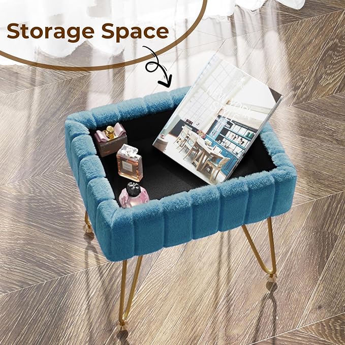 Greenstell Vanity Stool Chair Faux Fur with Storage, 15.7"L x 11.8"W x 19.4"H Soft Ottoman 4 Metal Legs with Anti-Slip Feet, Furry Padded Seat, Modern Multifunctional Chairs for Makeup, Bedroom,Blue