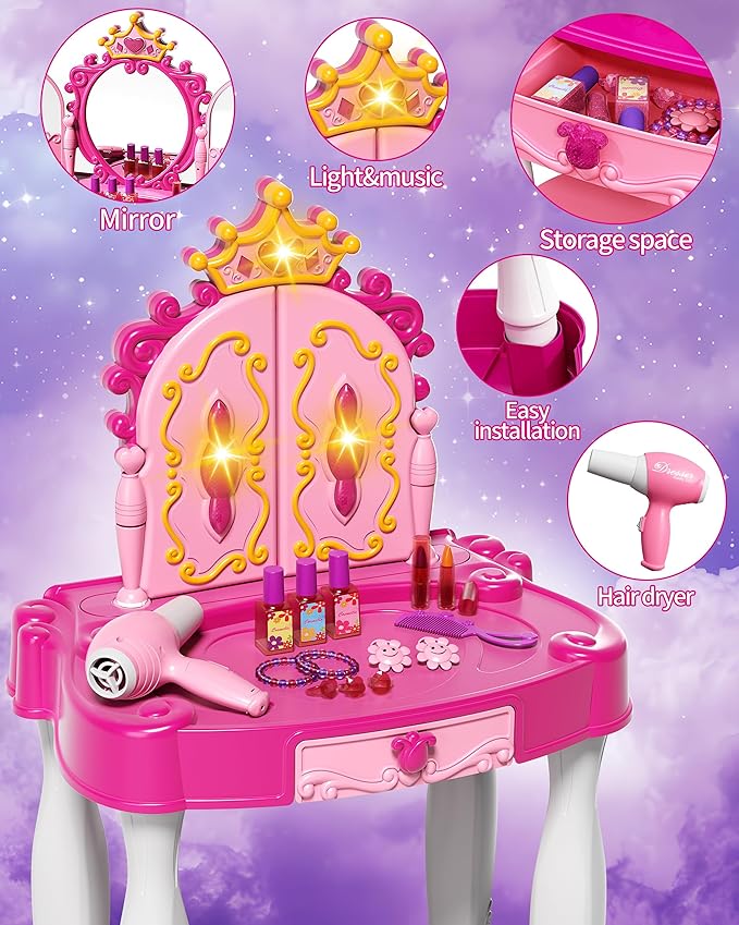 Eohemeral Toddler Makeup Table with Mirror and Chair, Kids Makeup Vanity Set with Accessories and Lights and Music Sound for Girls, Toddlers 3-5 Years Old