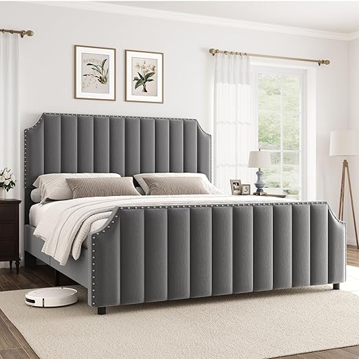 GarveeHome King Size Platform Bed Frame with 50.2 in Headboard, Velvet Upholstered Bed Frame with Vertical Channel Tufted Headboard & Footboard, Nailhead Trim, No Box Spring Needed, Grey