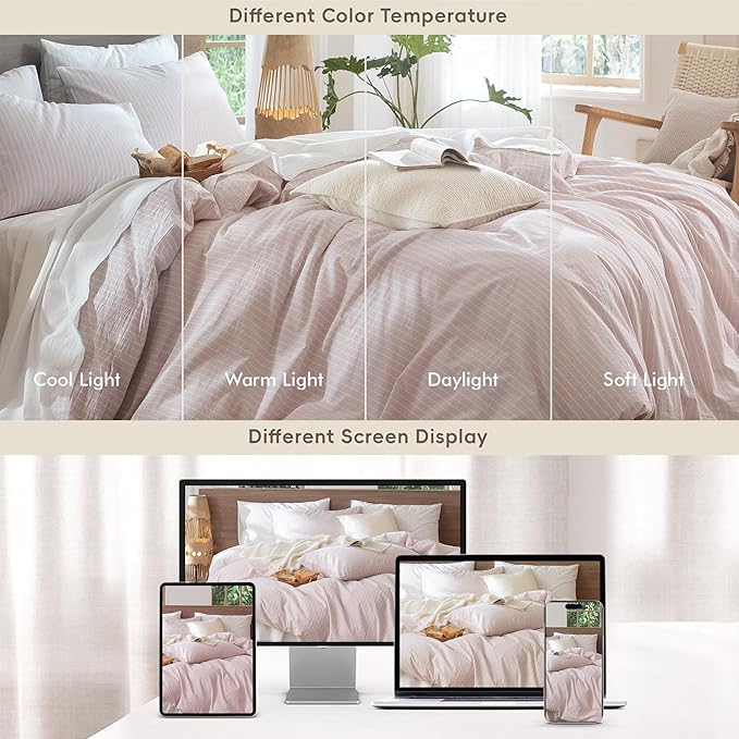 MooMee Striped Duvet Cover Set 100% Washed Cotton Linen Like Textured Breathable Durable Soft Comfy (Heathered Greyish Pink White Wide Stripes, Queen 90"x90")