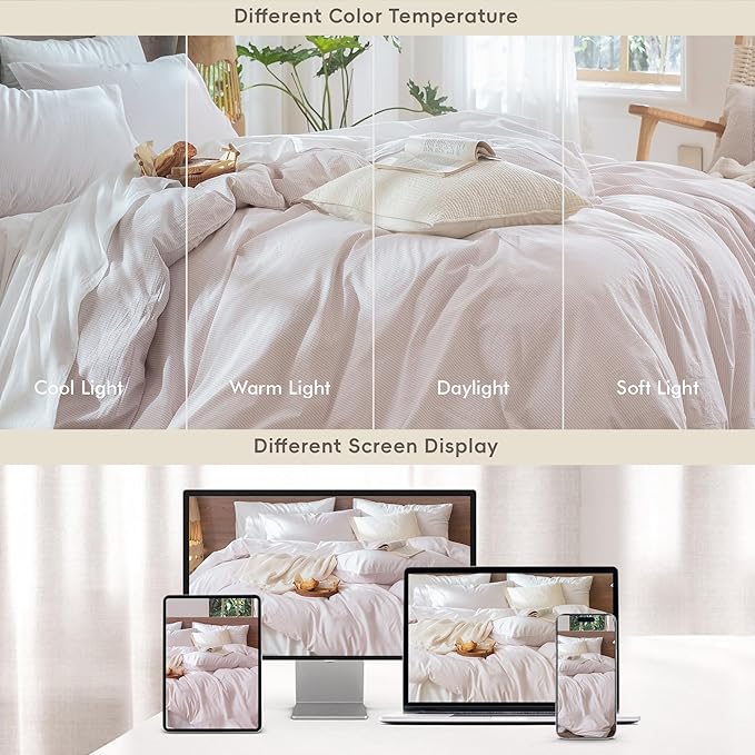 MooMee Striped Duvet Cover Set 100% Washed Cotton Linen Like Textured Breathable Durable Soft Comfy (Heathered Greyish Pink Pinstripes, Full 80"x90")