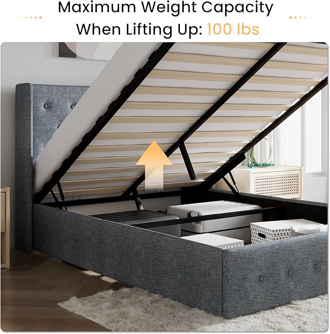 SHA CERLIN Queen Size Lift Up Storage Bed Frame,Button Tufted Wingback Headboard,Upholstered Platform,Hydraulic Storage,Wooden Slat Support,No Box Spring,Grey Blue