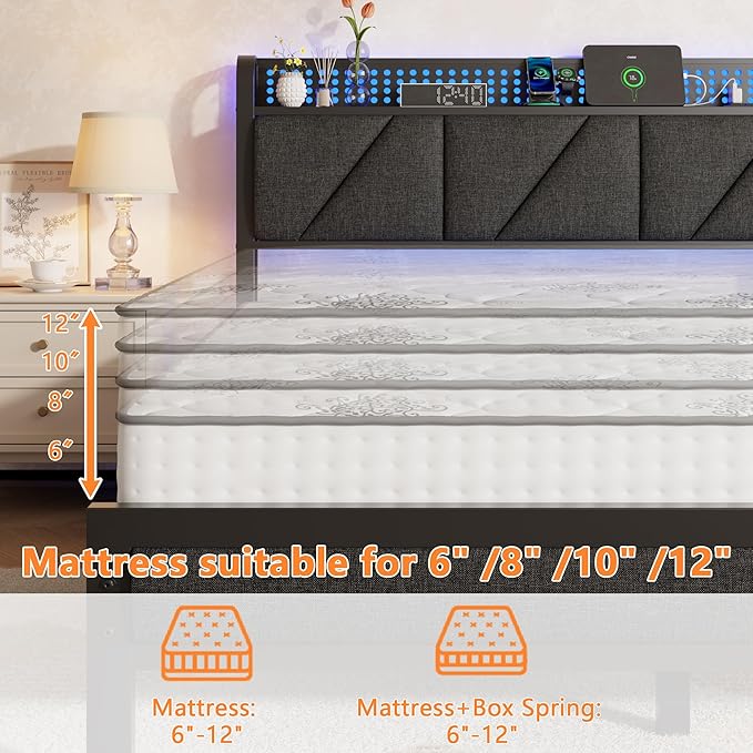 Furnulem Queen Bed Frame with Headboard and Storage Shelf, LED Light and Charging Station, Metal Platform Bed with Heavy Duty Slats, No Box Spring Needed, Noise Free & Easy Assembly