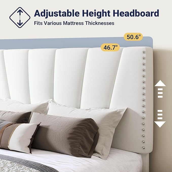 Allewie Queen Size Bed Frame with Adjustable Velvet Upholstered Headboard, Rivet-Style Nailhead Trim Detail Platform Bed Frame, Wooden Slat Support, No Box Spring Needed, Easy Assembly, White