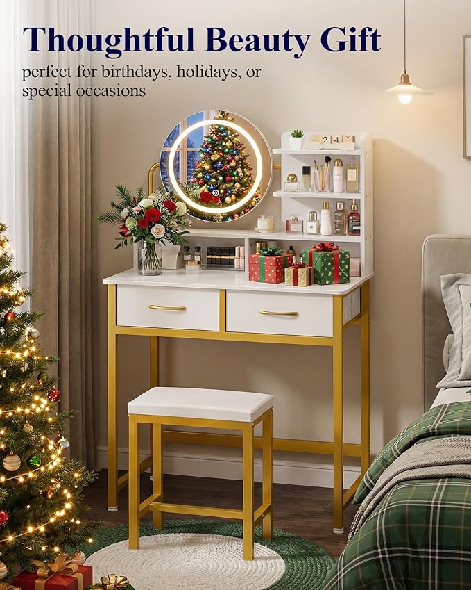 Kitsure Vanity Desk with Mirror and Lights - 3 Mode Lighted Makeup Vanity for Girls, Anti-Tipping Small Vanity with Chair for Bedrooms, Dressing Rooms, Walk-in Closet, Gold, 31.5" x 17.7" x 50.6"