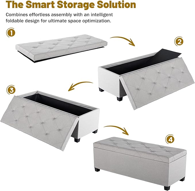 DUMOS Upholstered Storage Bench, End of Bed Ottoman, Extra Large 46.5 Gal (176L) Internal Volume, Foot Stool for Bedroom, Living Room, Sturdy Storage Chest, Light Grey, 43.3" L x 15.7" W x 15.7" H