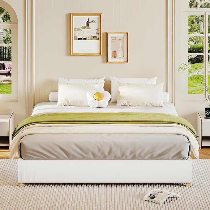 GarveeHome Queen Size Cloud Bed Frame，Corduroy Low Bed Frame Without Headboard, Thick Fabric Upholstered Platform Bed, Solid Wood Legs, No Box Spring Needed, Never Squeak, Easy Assembly, White