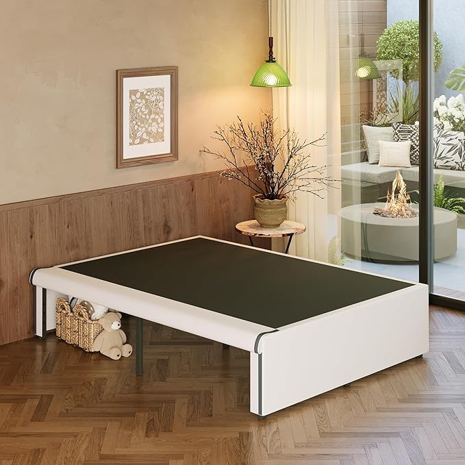 EMODA Queen Bed Frame with White Cover No Box Spring Needed, 18 Inch Heavy Duty Metal Platform BedFrame Queen Size with Steel Slats, Easy Assembly