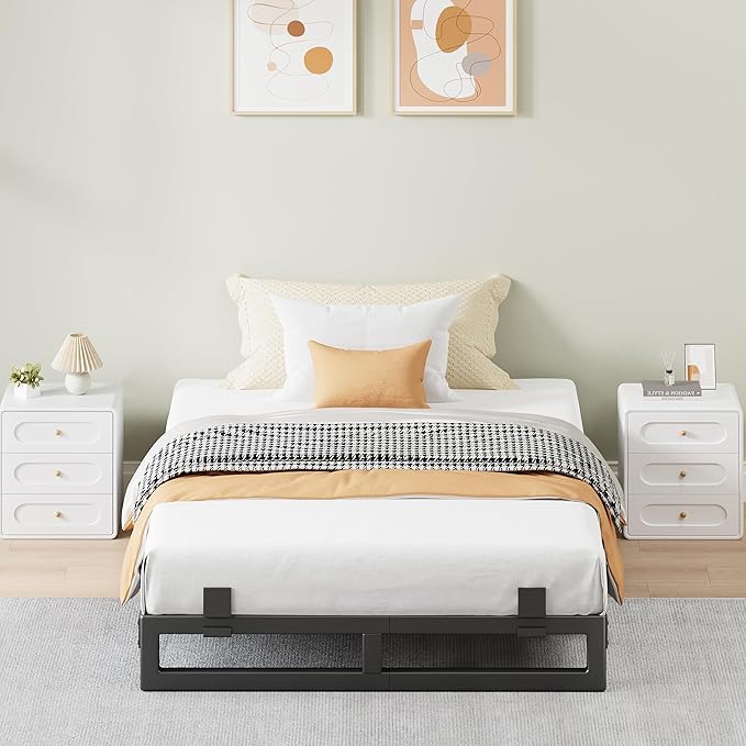 Twin Bed Frames, 6 Inch Metal Platform Bed Frame with Squeak Free U-Slot Design, 6 Non-Slip Guards, 3500lbs Heavy Duty Steel Slat Support, No Box Spring Needed, Under Bed Storage, Black