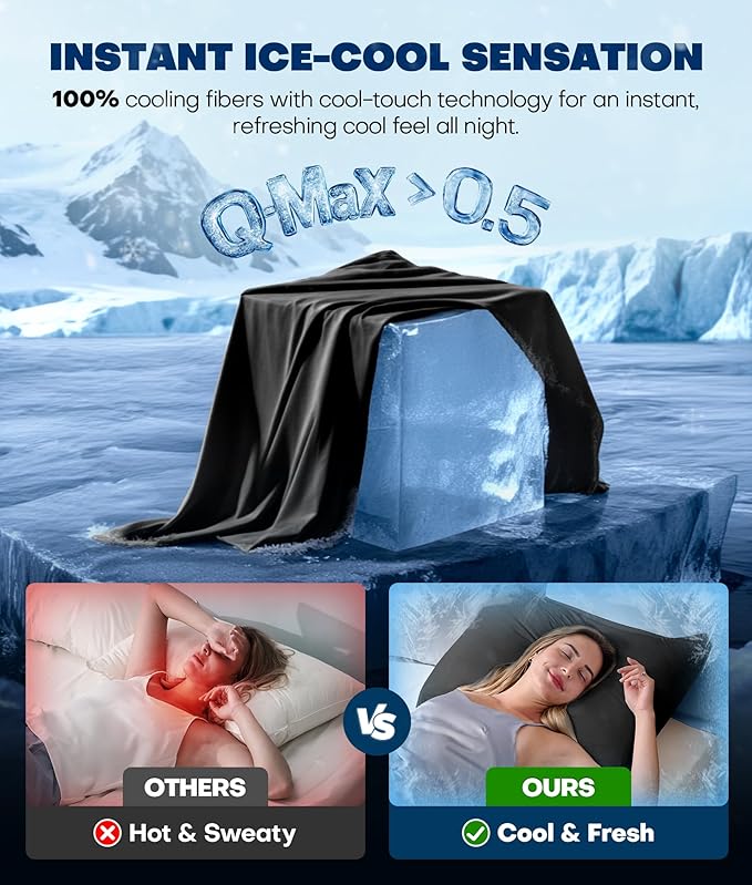 Ultra-Chill Cooling Pillowcase Set of 2 for Hot Sleepers, Softer Than Silk Pillow Cases for Protecting Hair & Skin, Breathable Bed Pillow Covers w/Zipper, Gifts for Women Men (Black, Standard)