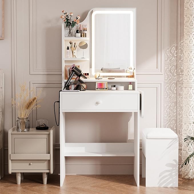 Haewon Small Vanity Desk with Mirror and Lights, Makeup Vanity with Charging Station, Compact Dressing Table Set with Storage Chair, Drawer and Shelves for Bedroom, White