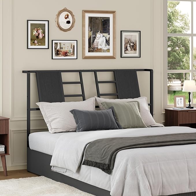 MAHANCRIS Headboard Queen Size Only, Industrial Metal Bed Headboard with Adjustable Feet and Compatible Adapters, Fits Most Bed Frames, Black