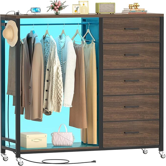 Cyclysio Dresser with Hanging Rack, 5 Fabric Drawers Dresser with Clothes Rack, Wooden Top Storage Chest of Drawers with Charging Station & LED Lights, Lockable Wheels, Closet