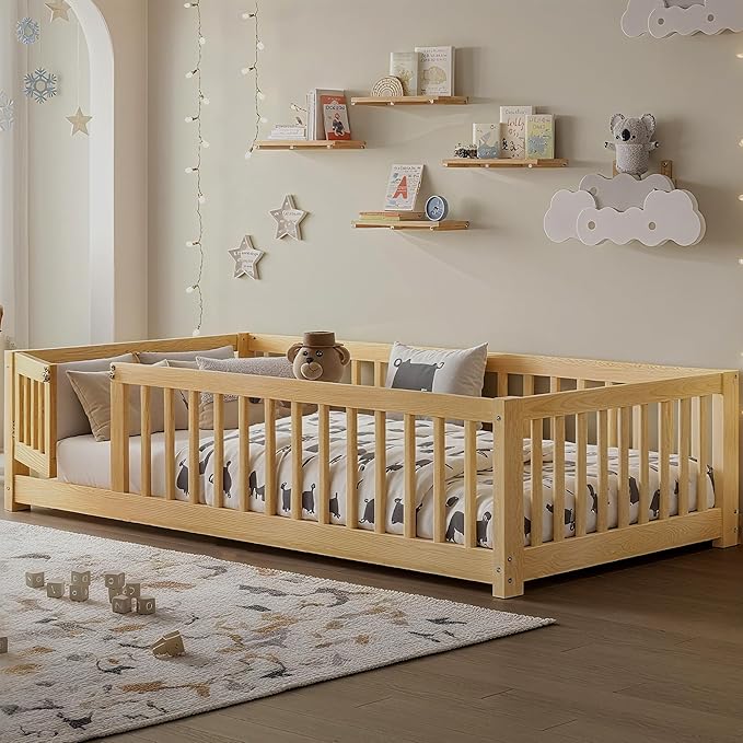 Bellemave Montessori Twin Floor Bed Frame with Fence and Removable Door, Low Profile Twin Size Montessori Bed Frame for Kids, Solid Wooden Floor Beds for Bedroom,Nursery, Natural