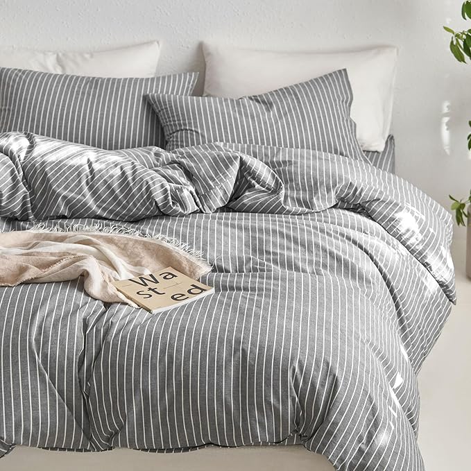 MooMee Striped Duvet Cover Set 100% Washed Cotton Linen Like Textured Breathable Durable Soft Comfy (Dark Grey White Wide Stripes, Alaska King 132"x120")