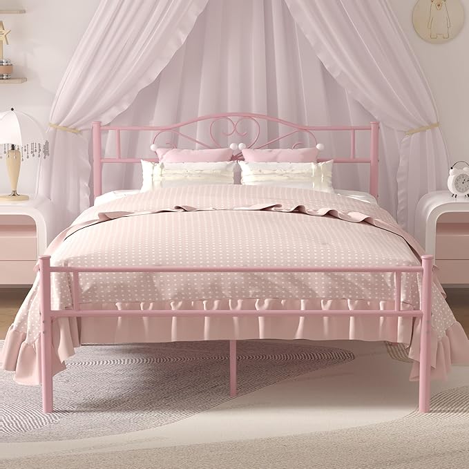 VECELO 14 Inch Full Size Metal Platform Bed Frame with Headboard and Footboard, Heavy Duty Mattress Foundation with Steel Slats Support, No Box Spring Needed, Pink