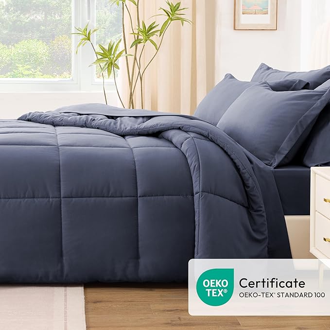 Love's cabin Full Comforter Set Indigo Blue, 7 Pieces Full Bed in a Bag, All Season Bedding Sets with 1 Comforter, 1 Flat Sheet, 1 Fitted Sheet, 2 Pillowcase and 2 Pillow Sham | Soft, Breathable, Lightweight, Comfortable