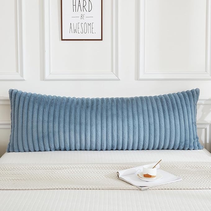 JAUXIO Faux Fur Fluffy Body Pillow Cover Luxury Textured Vertical Stripe Plush Decorative Body Pillowcase, Ultra Soft and Cozy Zipper Closure 21 x 54 Inches, Dusty Blue