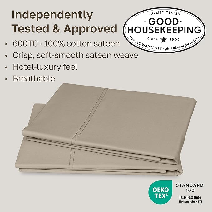 CALIFORNIA DESIGN DEN Luxuriously Soft Hotel Quality 600 Thread Count, 100% Cotton Set of 2 Cases, Crisp & Cool Pillow Cases Queen Size, Fits Standard & Queen Pillows (Taupe)