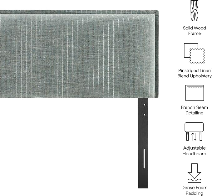 Modway Camille King Size Striped Linen Blend Pinstripe Headboard with Removable Slipcover – in Spa Blue Stripe - Padded Pillow Style Headboard with Adjustable Mounting for King Beds
