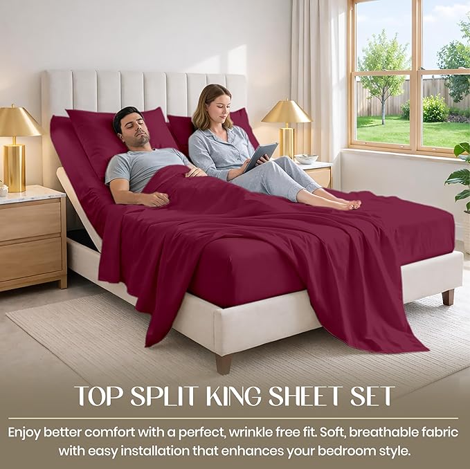 SGI bedding 36" King Split Top Flex Head Sheet 100% Egyptian Cotton Sheet Set 1000 Thread Count Flex Top Sheet for Adjustable Bed 4Pc Sheet Set 15" Deep Pocket for Sleep Number Bed - Burgundy