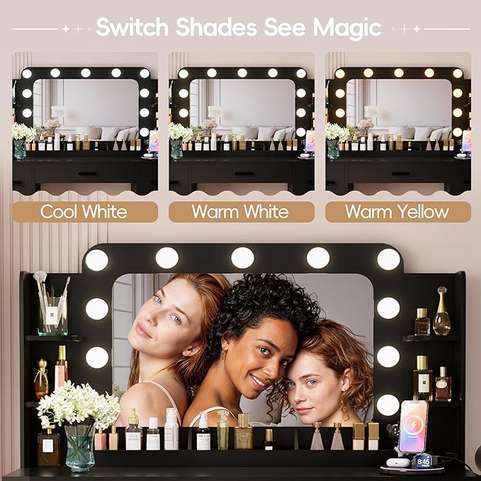 Furmax Vanity Desk with Hollywood Style Mirror with LED Lights, Makeup Table Vanity with 2 AC Outlets and1 USB＆1 Type-C Port, Adjustable Lighting, Modern Ample Storage Drawers Dressing Table (Black)