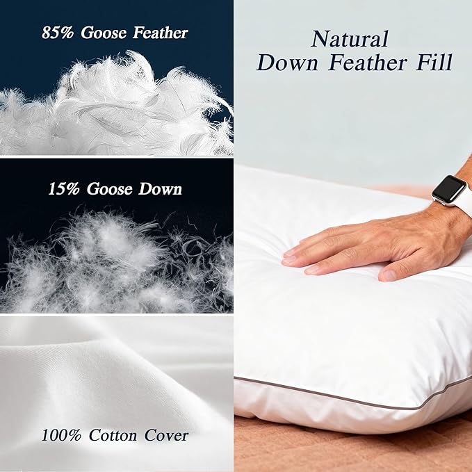 puredown® Made in USA Goose Feather Down Pillows, Queen Size Set of 2, 100% Cotton Cover, Bed Feather Pillows for Sleepering
