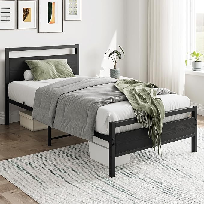 HOJINLINERO Black Twin Bed Frame with Wood Headboard,Metal Single Platform Bed Frame Twin Size No Box Spring Needed,Heavy Duty Metal Slats Support,Mattress Base,Noise Free,Easy Assembly,Black